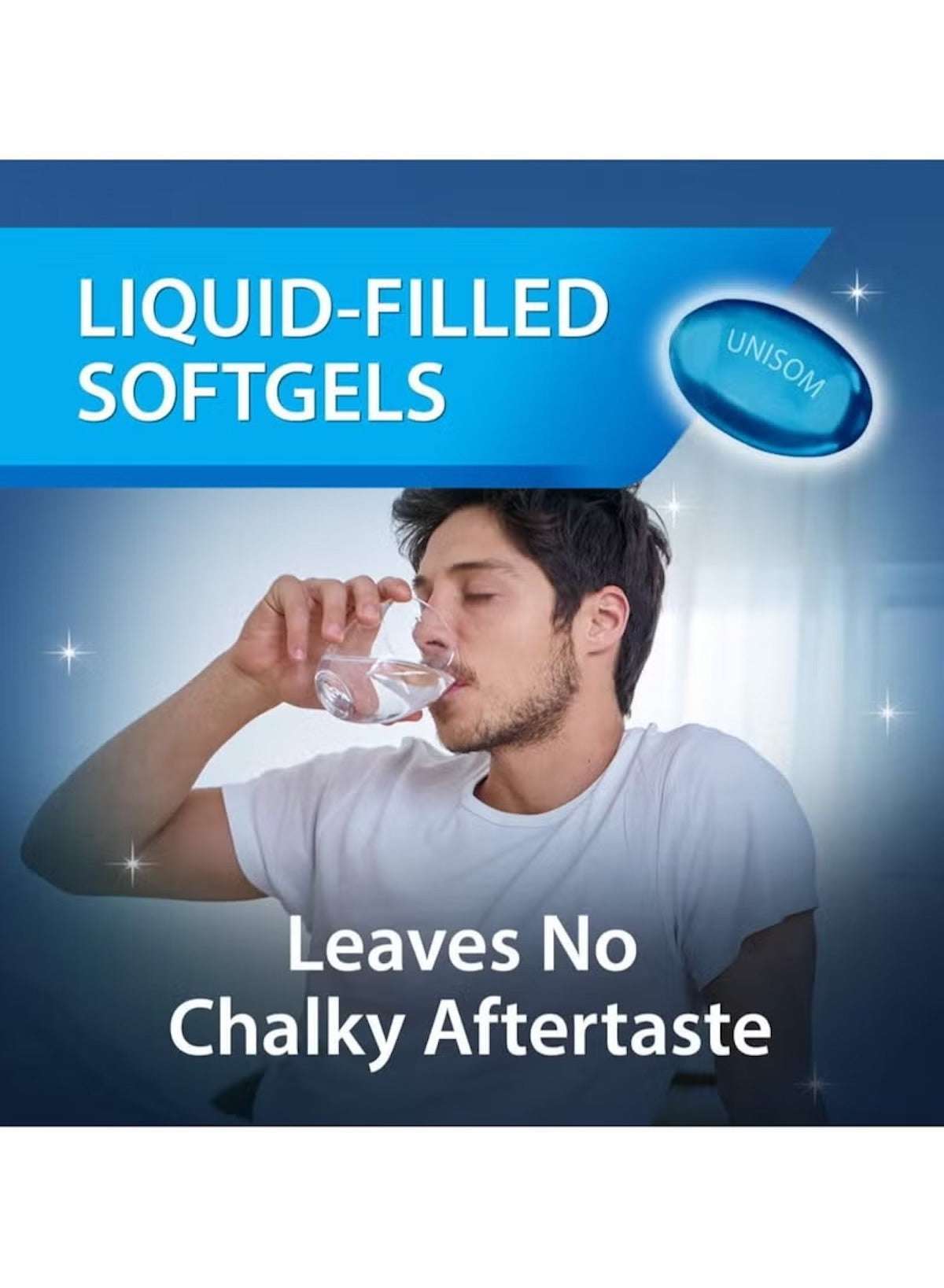 Unisom SleepGels 50mg sleep aid softgels with a man drinking water, no chalky aftertaste