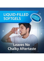 Unisom SleepGels 50mg sleep aid softgels with a man drinking water, no chalky aftertaste