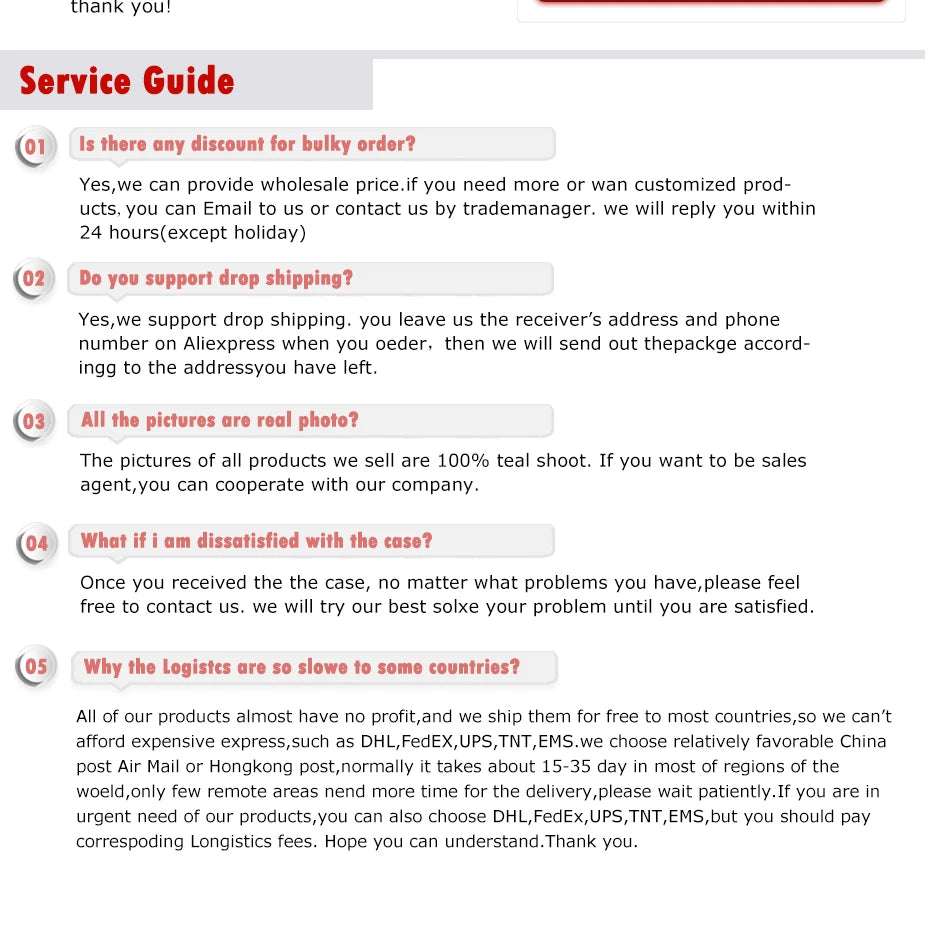 Mumzar Service Guide FAQ page screenshot detailing shipping returns and dropshipping policies for 4G LTE outdoor antenna UAE