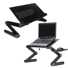Adjustable portable laptop desk with black stand, ventilation holes, and mouse tray
