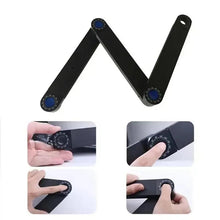 Adjustable laptop desk stand legs with blue wheel knobs and hand adjustment steps
