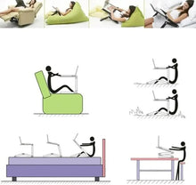 Laptop desk adjustment infographic showing seated posture diagrams and stand positions