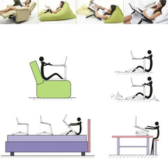 Huitich laptop desk with mouse stand shown being used in various positions including chair, bean bag, bed, floor, and table
