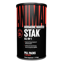 STAK all-in-1 hormone booster pill packs supplement container, black and red label