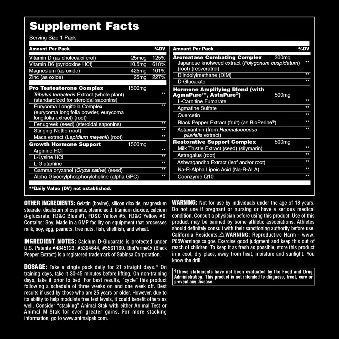 Animal Stak 2 supplement UAE supplement facts label showing ingredients dosages and usage instructions on black background