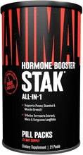 STAK all-in-1 hormone booster pill packs supplement container, black label and red accents