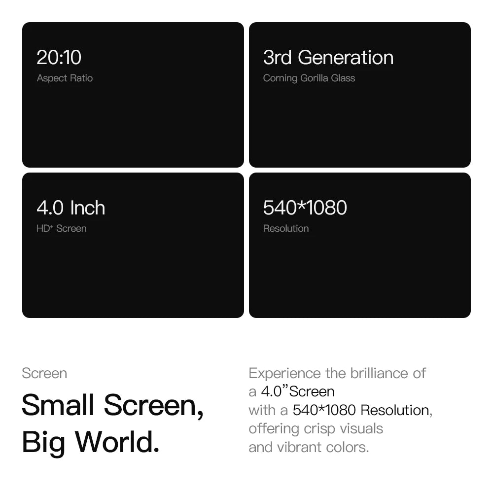 UNIWA spec image showing 4 inch 540 by 1080 screen 20 10 aspect Corning Gorilla Glass and compact 4GB RAM 64GB ROM mobile phone