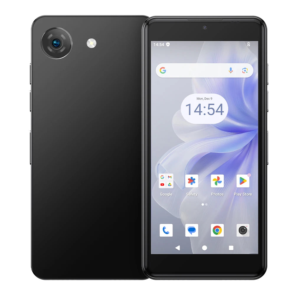 UNIWA compact 4GB RAM 64GB ROM mobile phone black front and back view with single rear camera and slim bezels