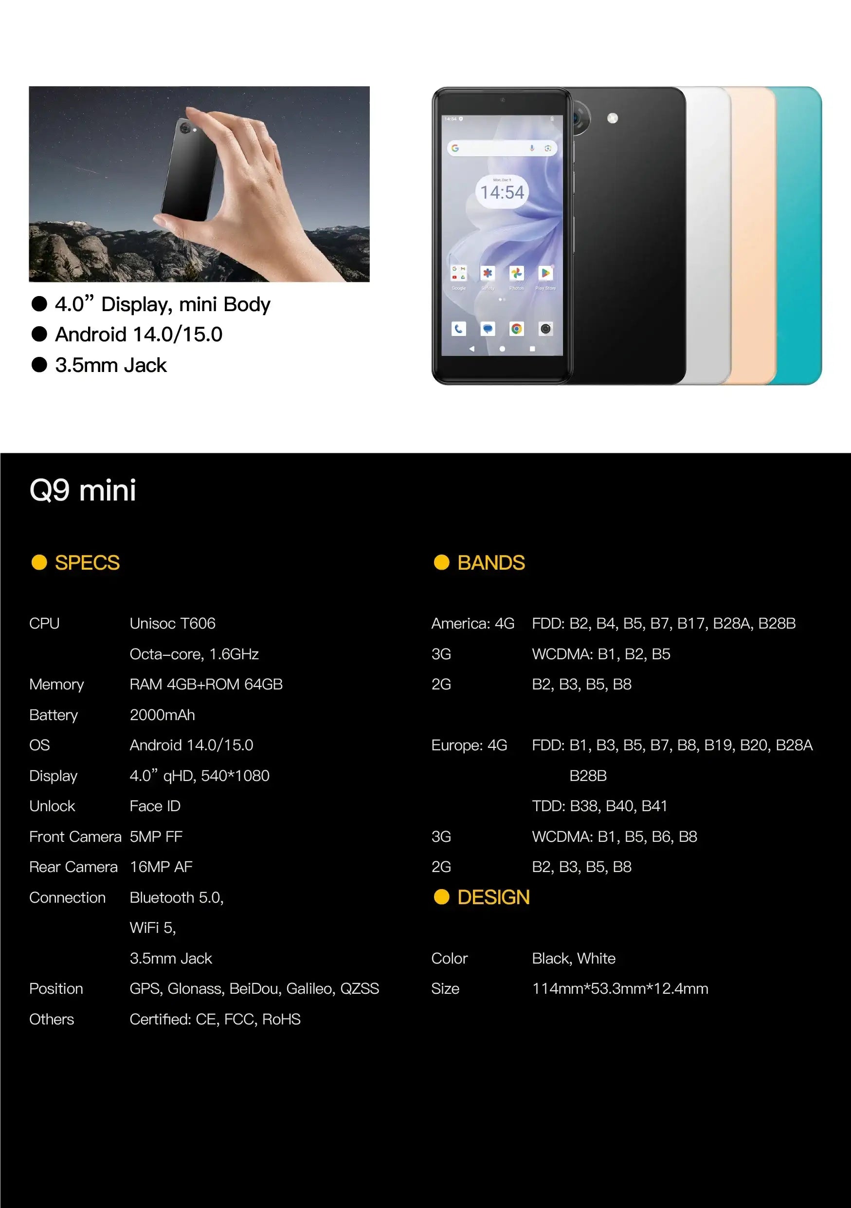 UNIWA Q9 mini compact 4GB RAM 64GB ROM mobile phone front and back views in black white gold turquoise