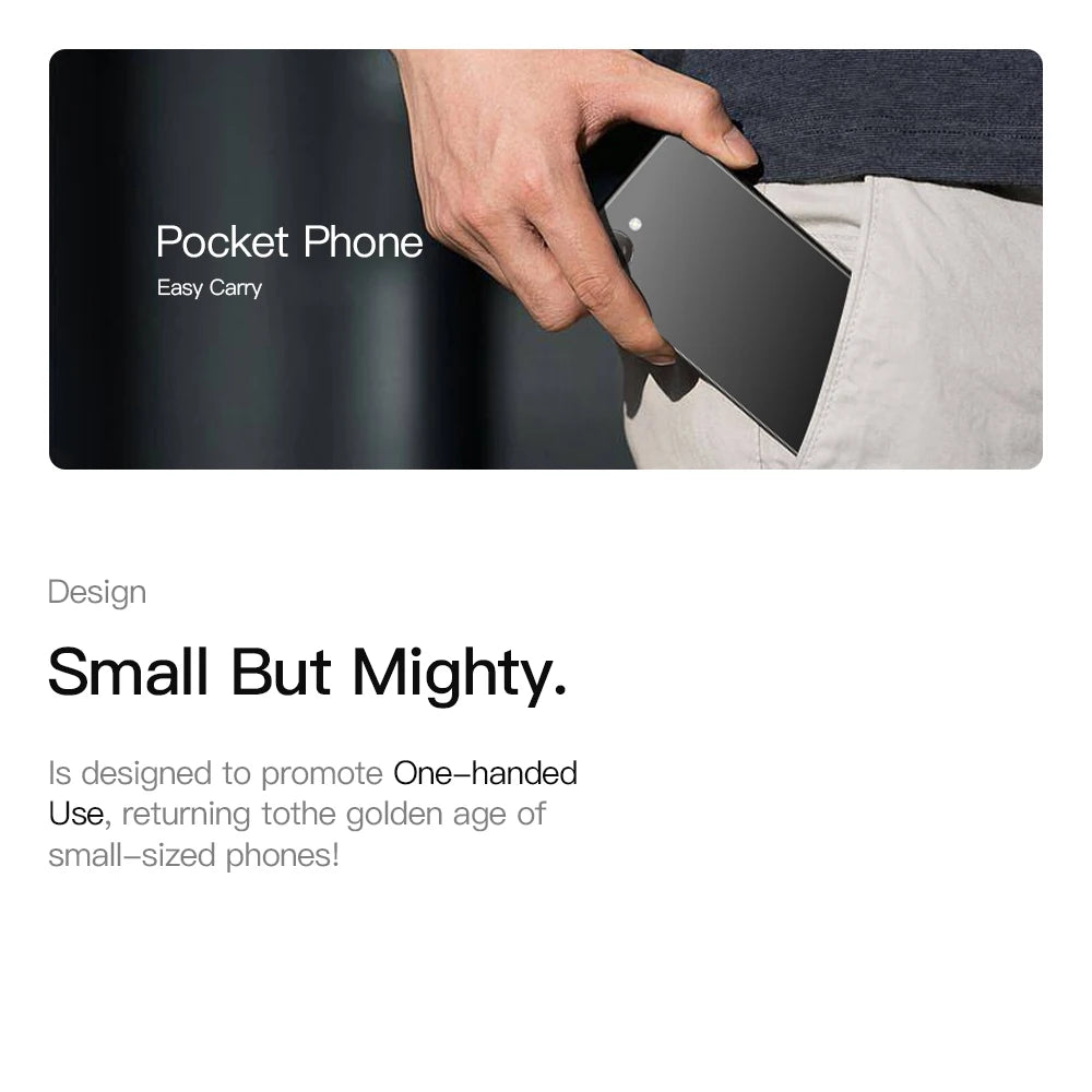 UNIWA compact 4GB RAM 64GB ROM mobile phone slipped into a pants pocket showcasing small pocketable one handed design