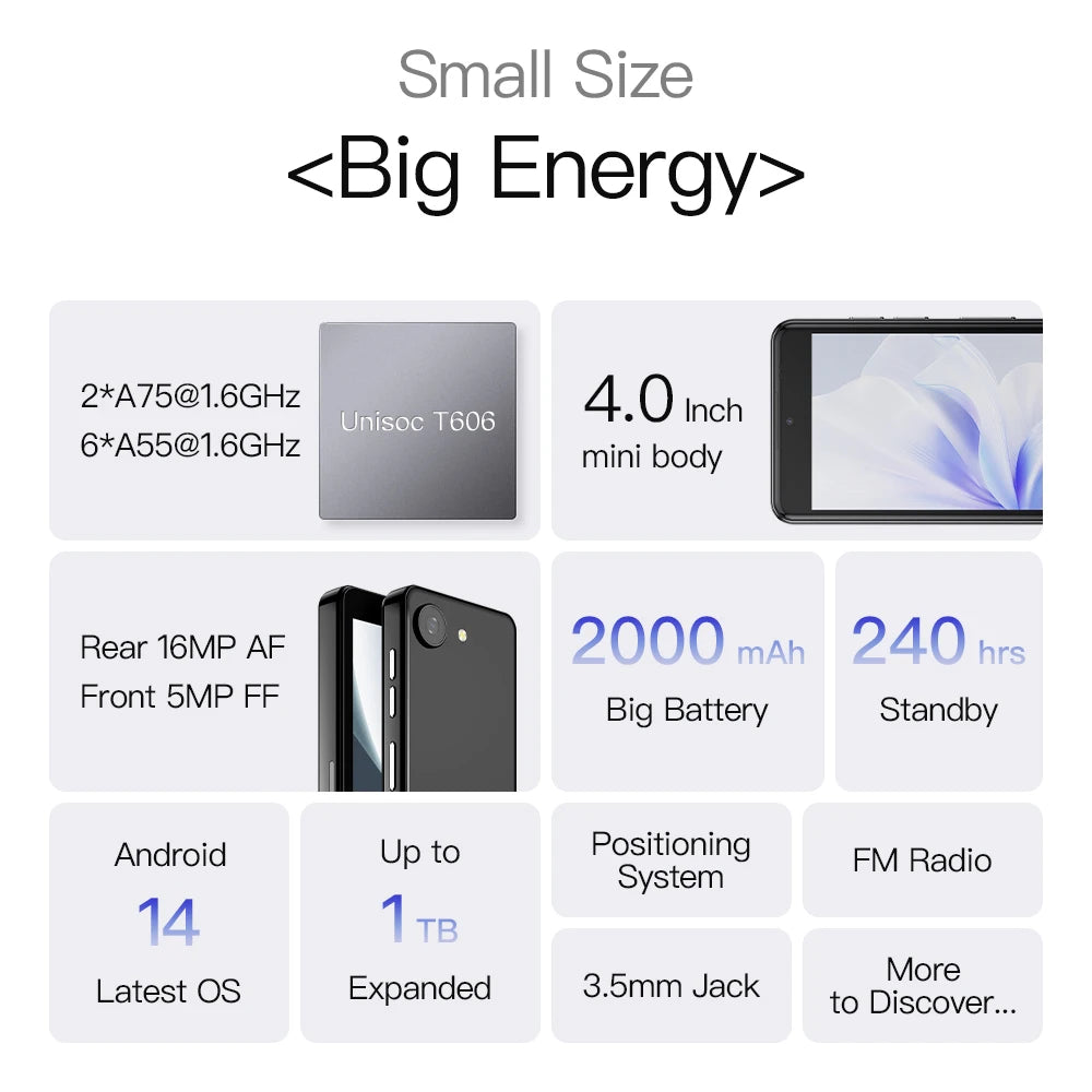 UNIWA compact 4GB RAM 64GB ROM mobile phone promotional image showing 4 inch display and specs