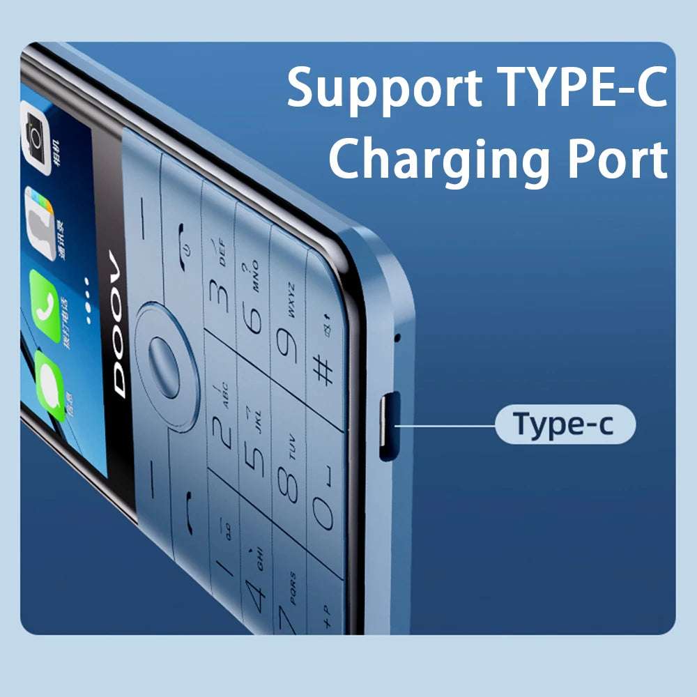 DOOV R17 Pro 4G keypad phone in blue side view showing numeric keypad and Type C charging port