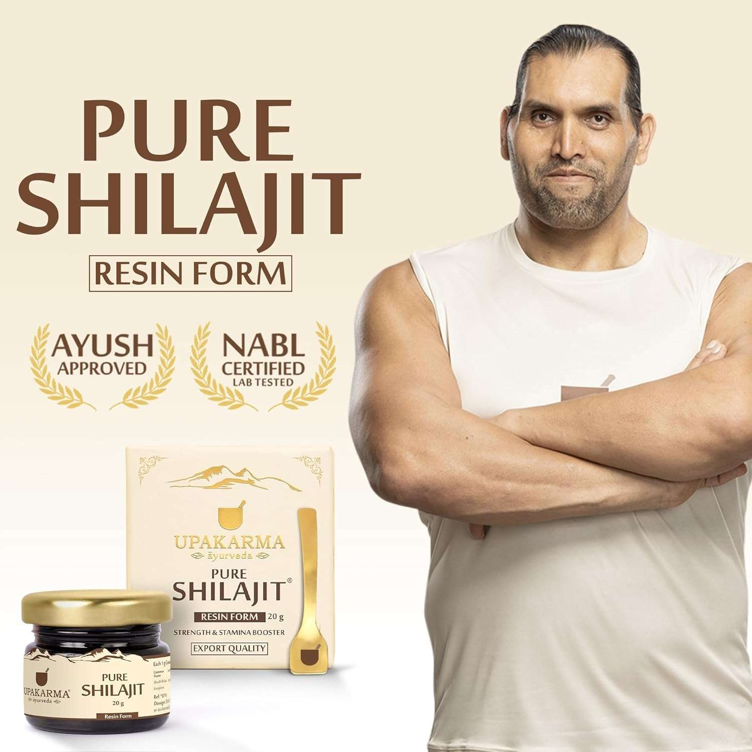 UPAKARMA supplement featuring pure shilajit resin UAE jar and box with fit man endorsing product