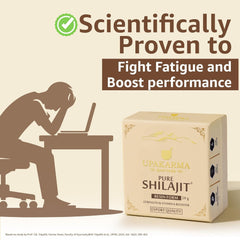 UPAKARMA box of pure shilajit resin UAE beside silhouette of fatigued worker promoting energy and stamina