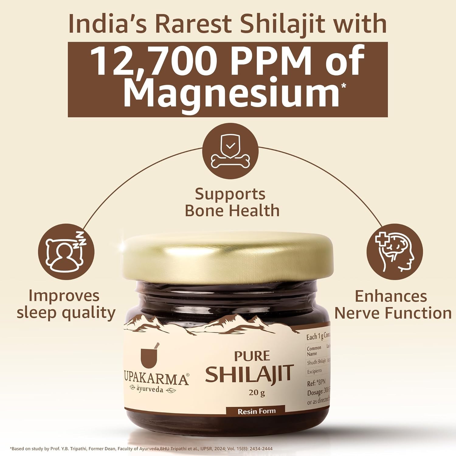 UPAKARMA Pure Shilajit 20g jar with beige label showing 12700 PPM magnesium and health benefits pure shilajit resin UAE