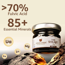 Pure shilajit resin jar with gold cap and mineral icons