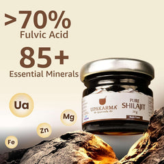 UPAKARMA jar of Pure Shilajit 20g on rocks showing 70 percent fulvic acid and 85 minerals pure shilajit resin UAE