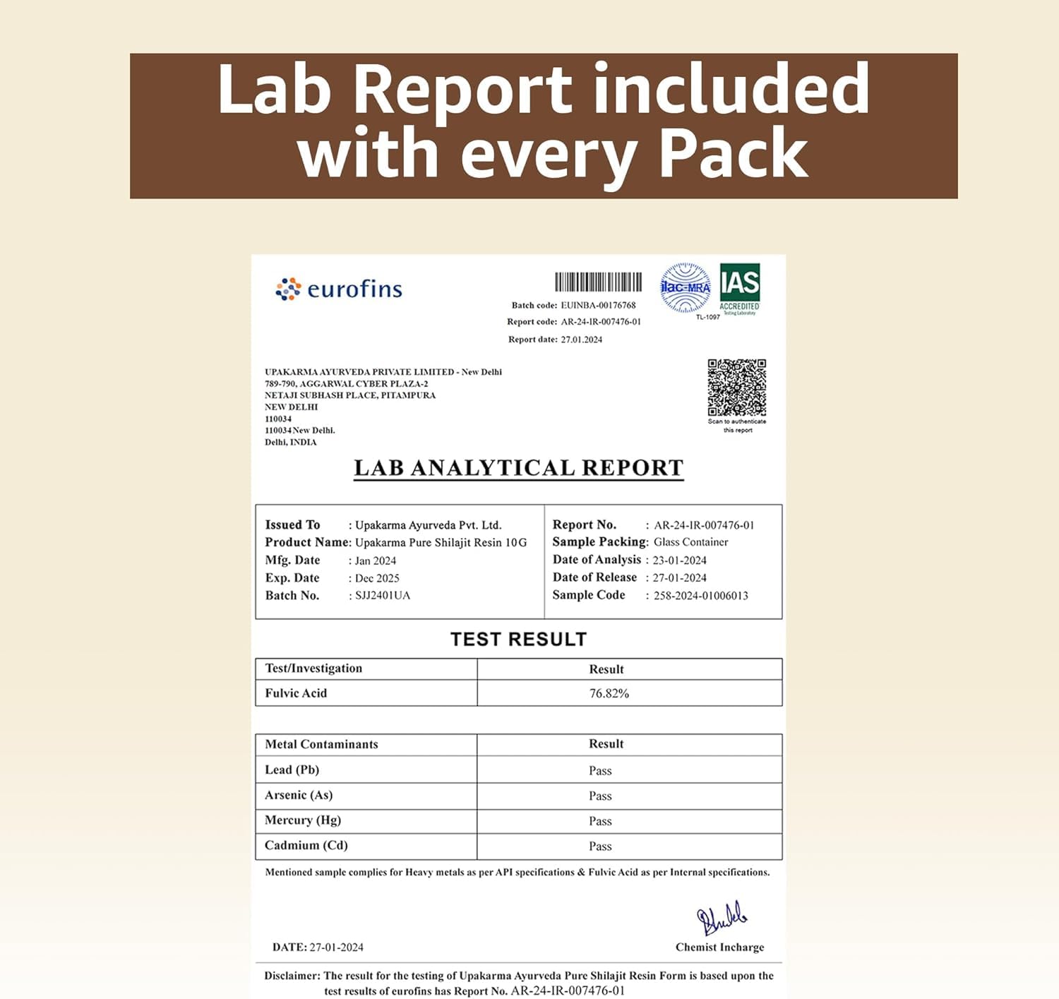 UPAKARMA supplement lab analytical report with Eurofins test results for pure shilajit resin UAE
