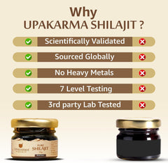 UPAKARMA supplements display with two shilajit jars and checklist of testing benefits pure shilajit resin UAE