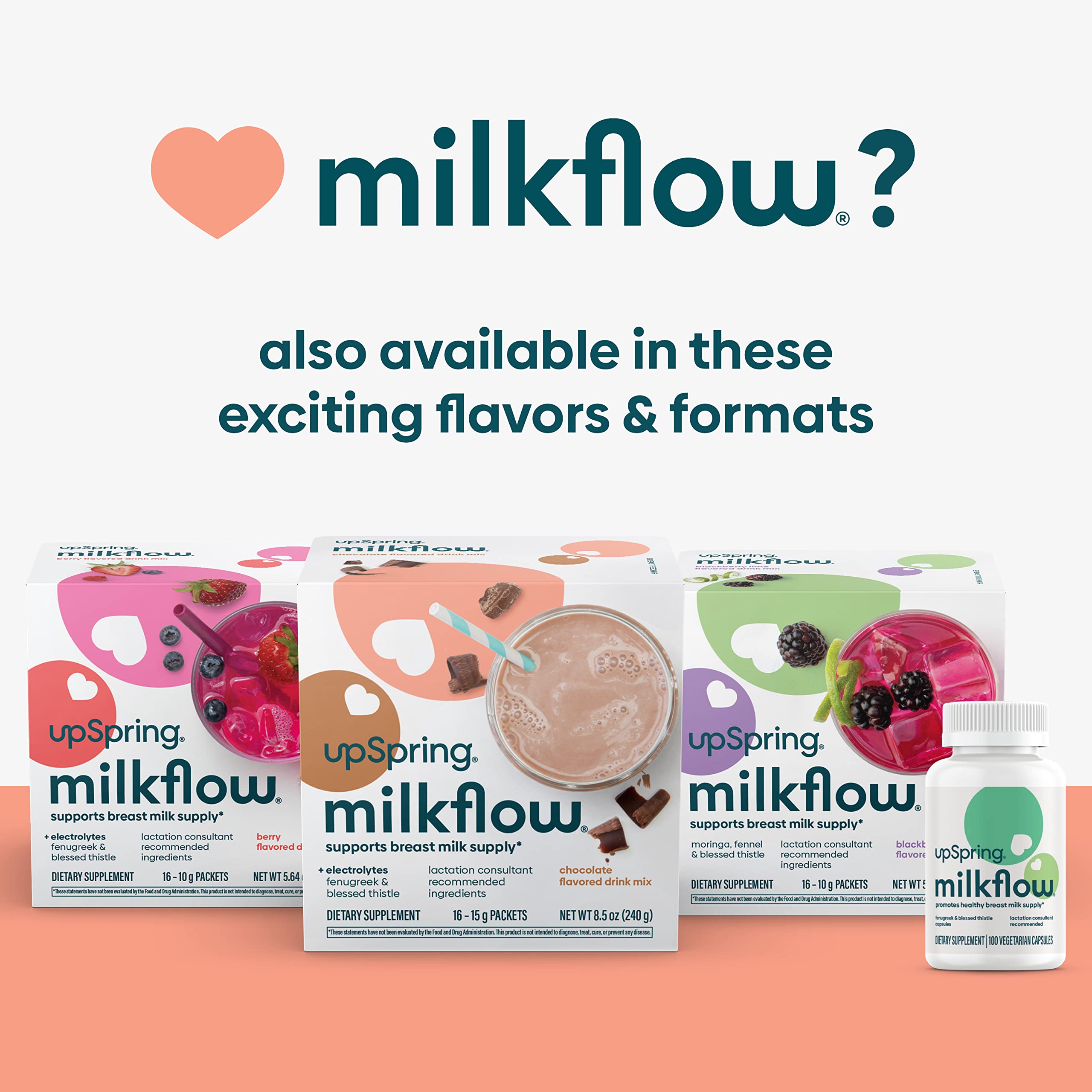 UpSpring milkflow product display with boxes and bottle featuring chocolate lactation supplement drink and other flavors