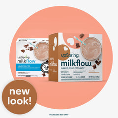 UpSpring milkflow boxes and glass of chocolate lactation supplement drink with chocolate pieces new look packaging