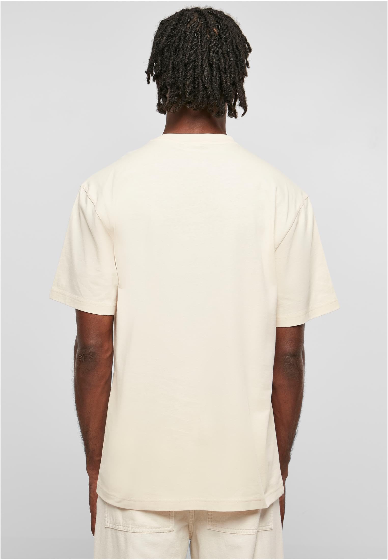 Back view of a man wearing an Urban Classics tall tee for men in beige with short sleeves