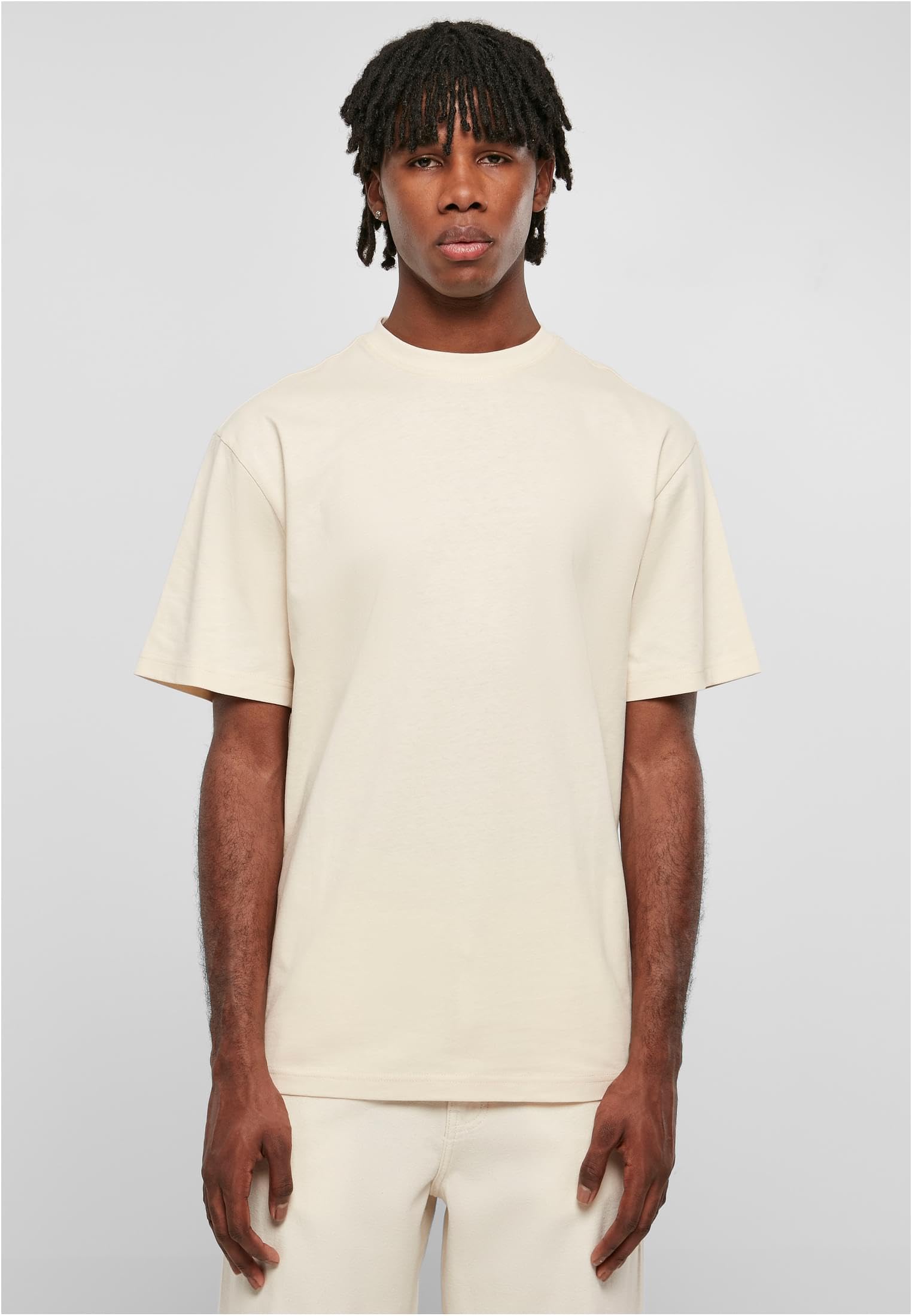 Urban classics tall tee for men in beige color worn by male model with short sleeves and relaxed fit