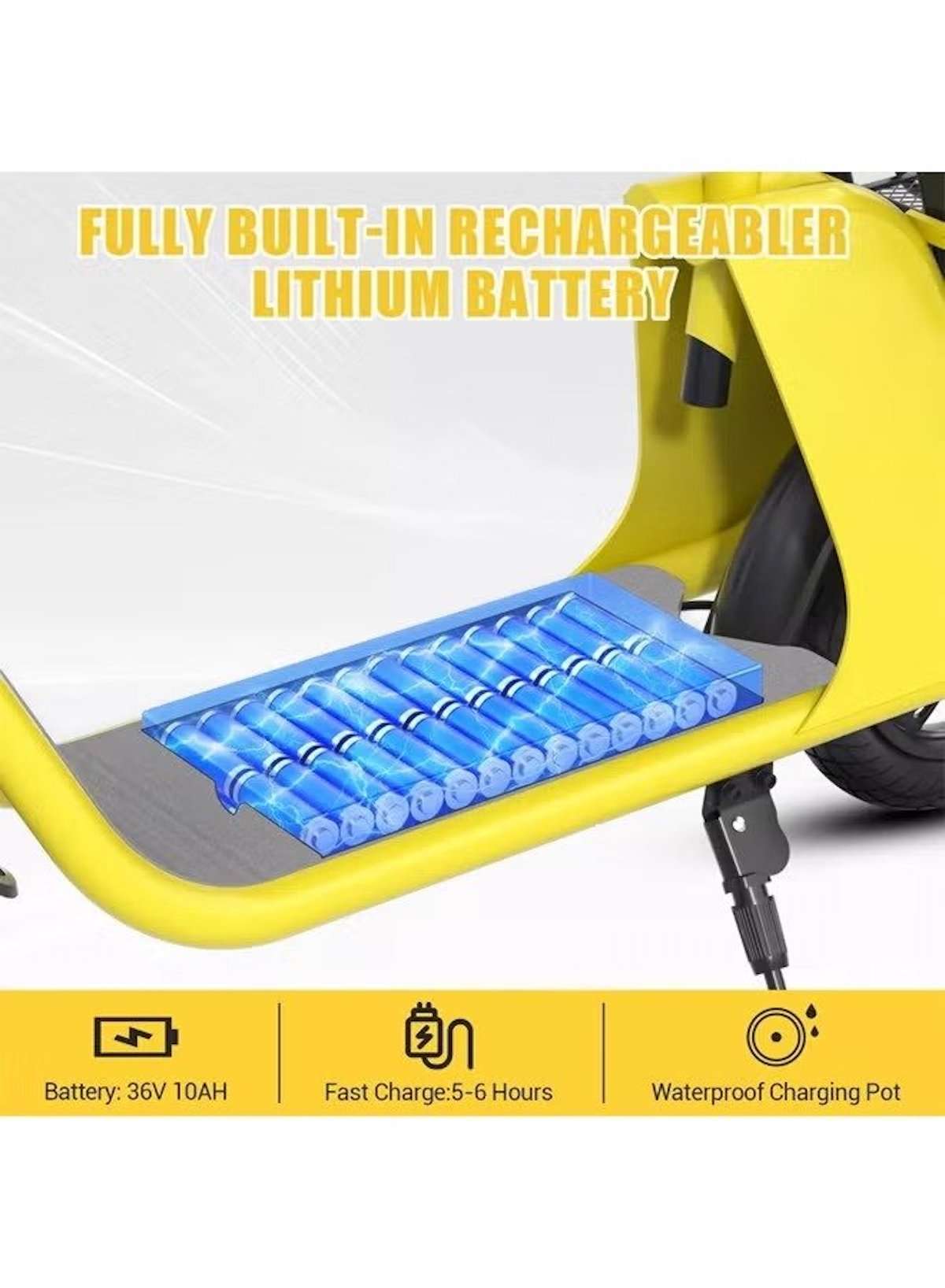 WIND HORSE yellow commuter foldable electric scooter with seat showing built in lithium battery under deck and kickstand
