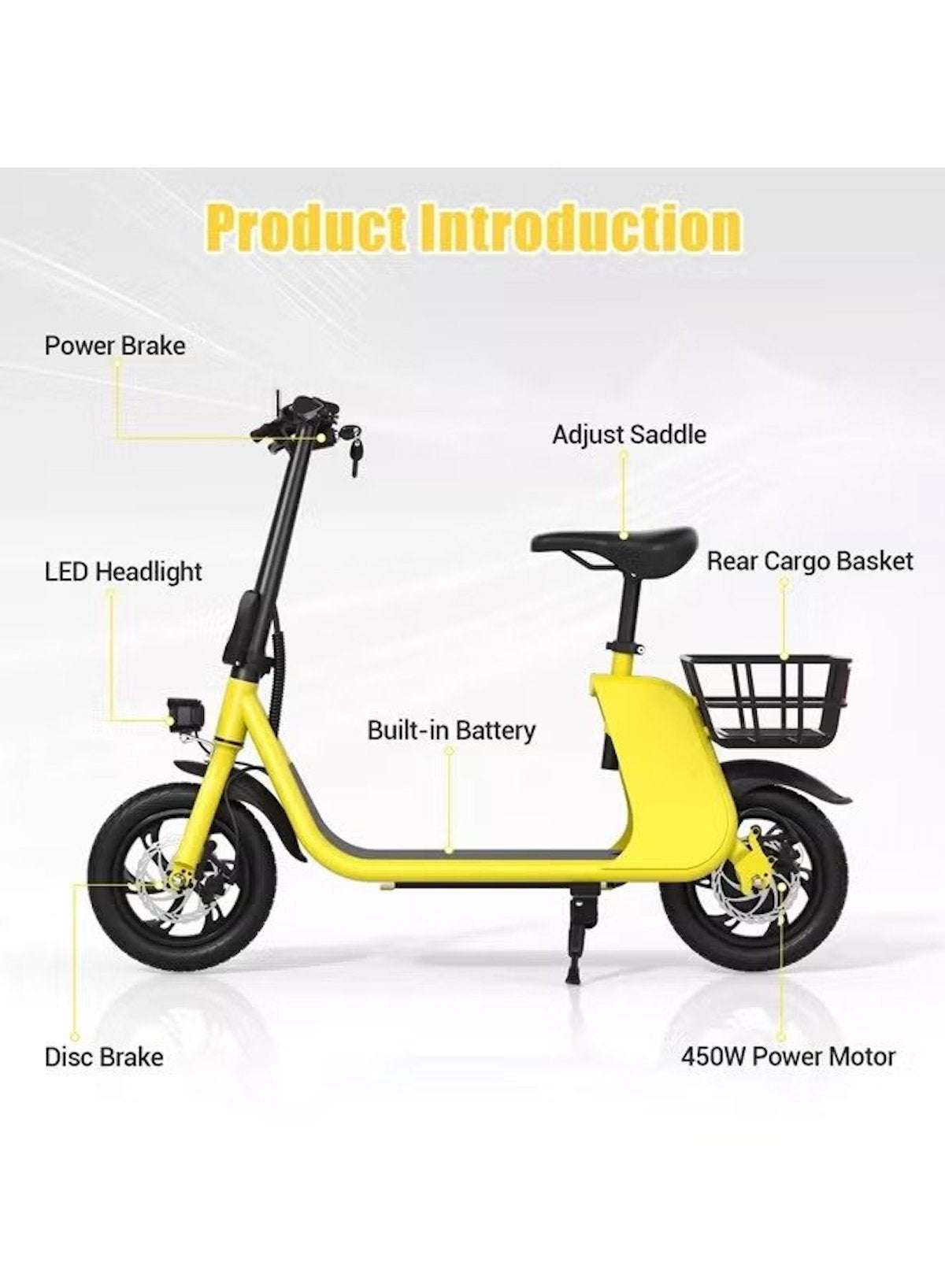 WIND HORSE yellow commuter foldable electric scooter with seat, rear cargo basket, LED headlight, 450W motor