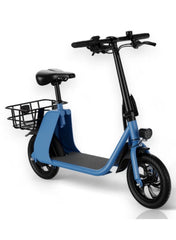 WIND HORSE blue commuter foldable electric scooter with seat rear cargo basket front headlight and padded saddle