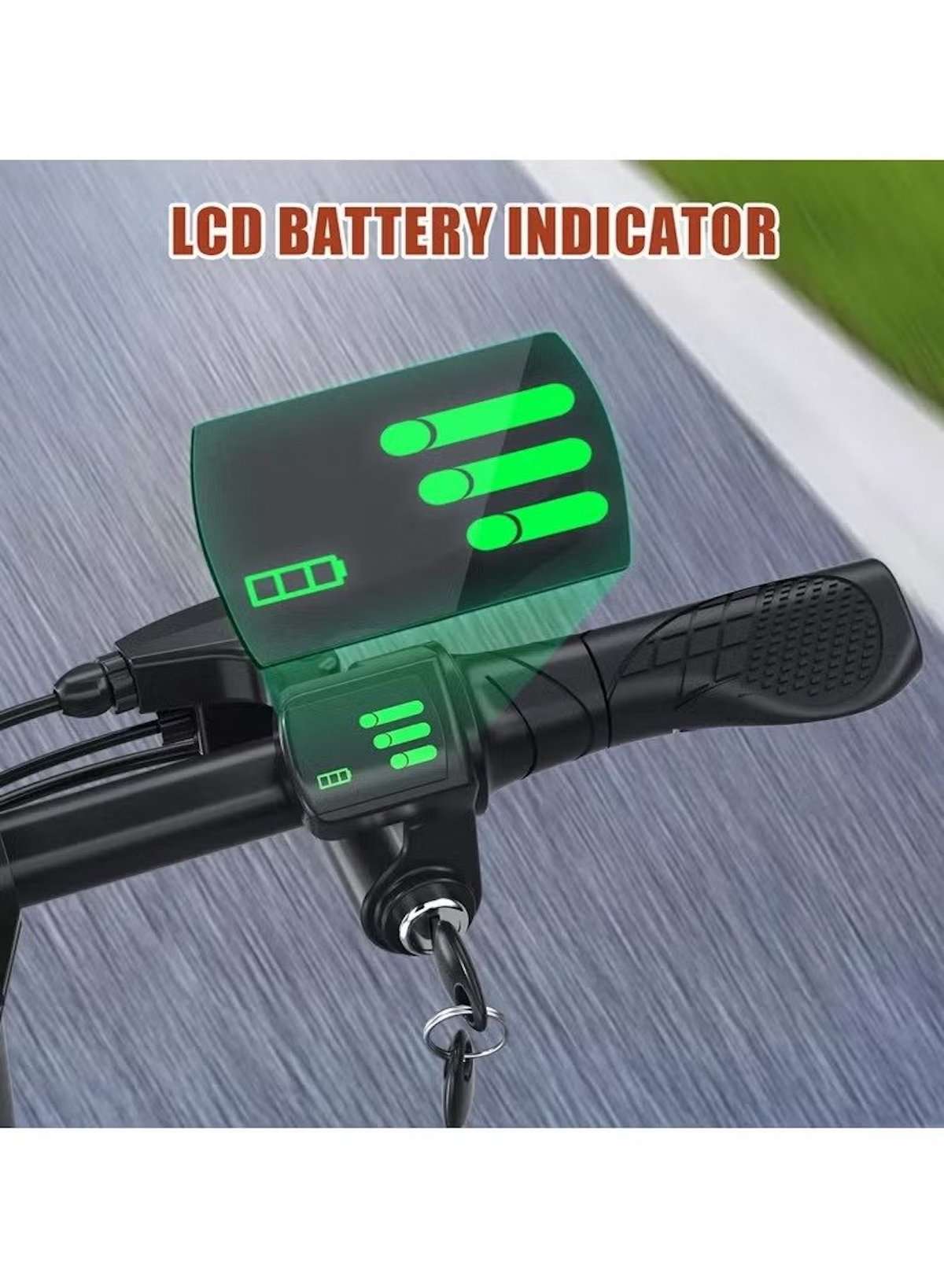WIND HORSE foldable electric scooter with seat handlebar showing LCD battery indicator green bars throttle grip and key ignition