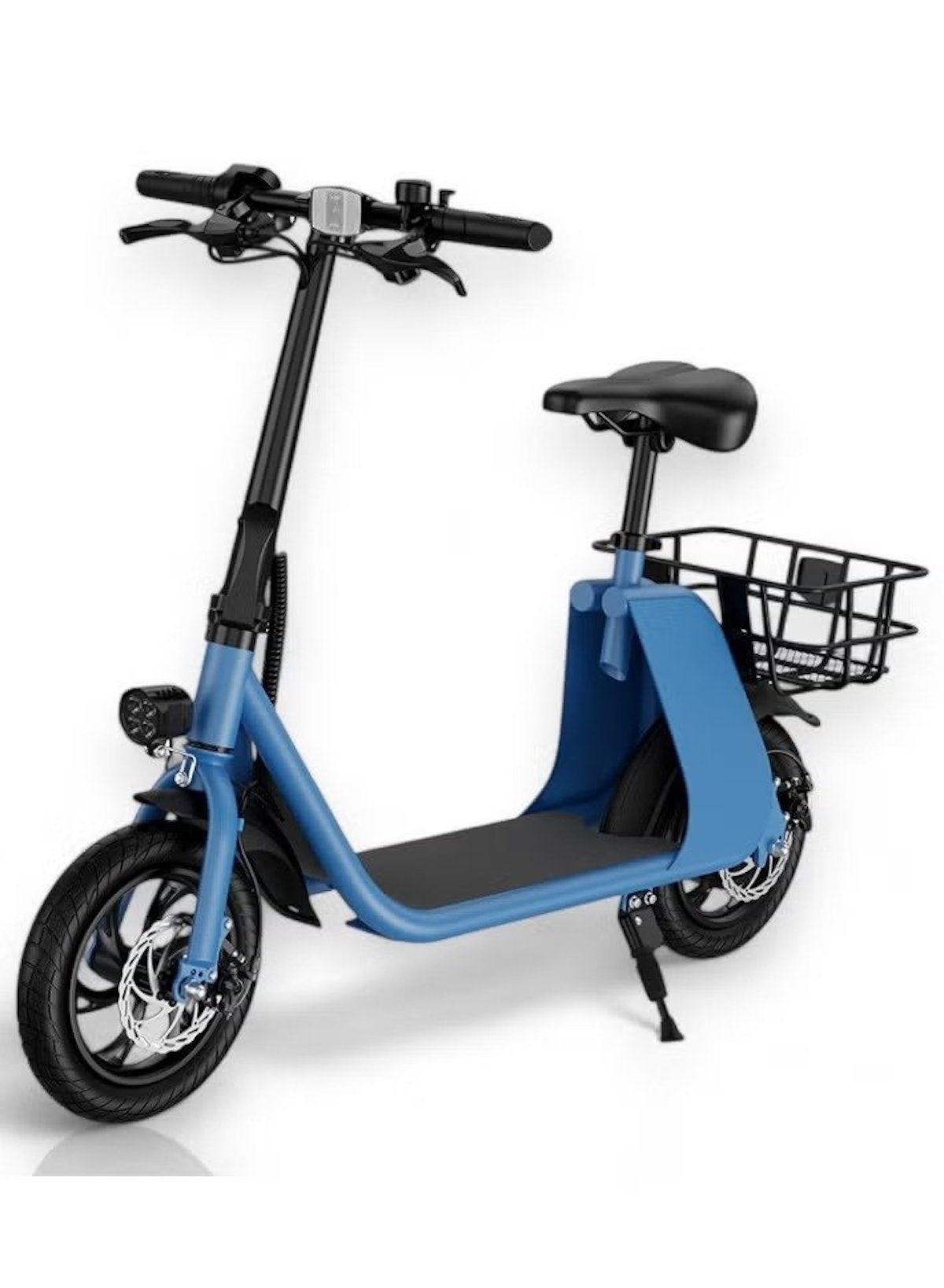 WIND HORSE foldable electric scooter with seat blue commuter model with rear basket and kickstand