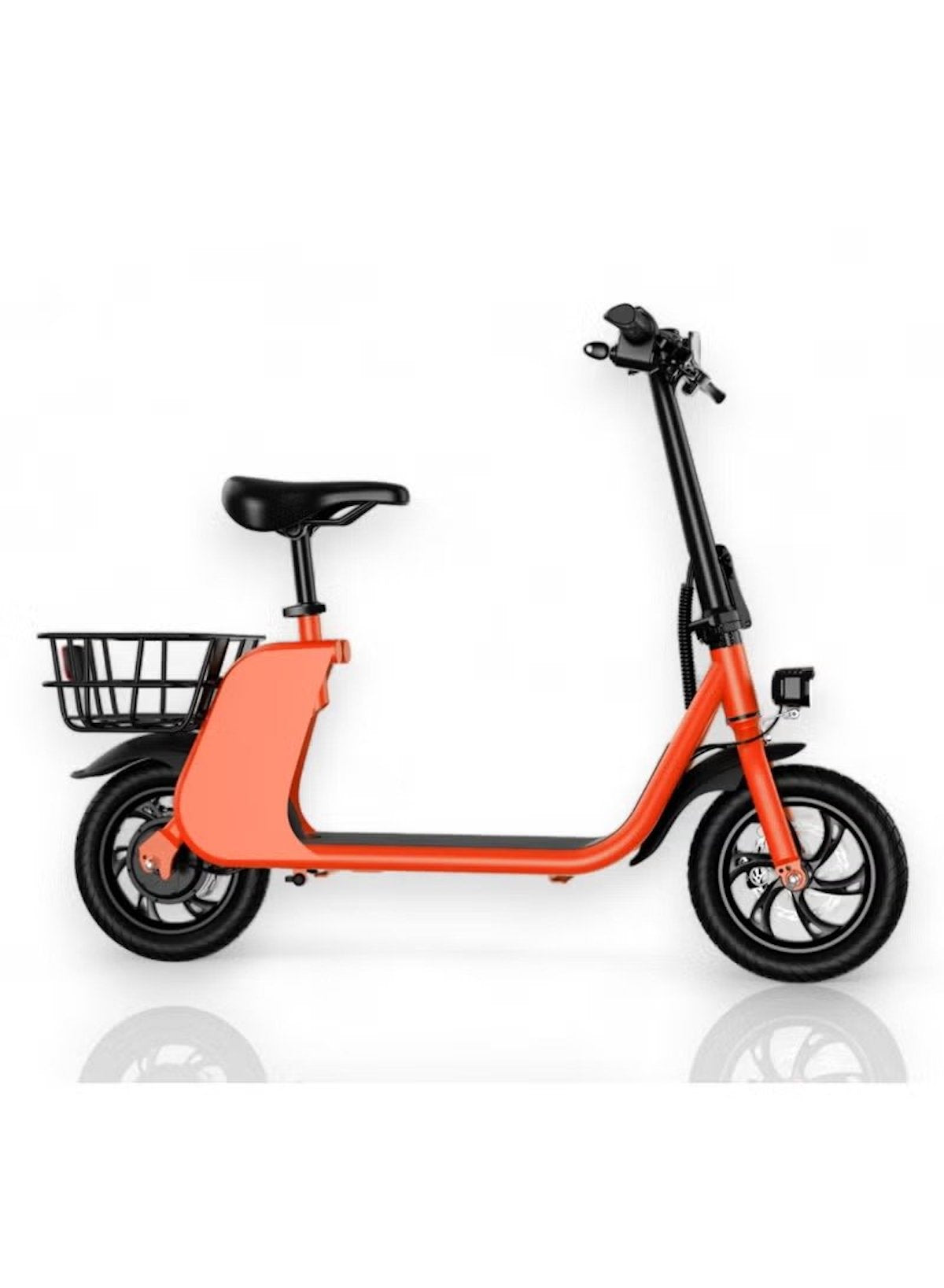 WIND HORSE commuter foldable electric scooter with seat in orange with rear basket and headlight