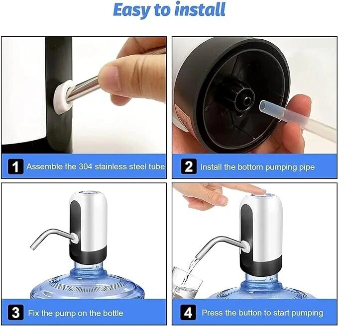 Huitich USB rechargeable water dispenser assembly steps showing stainless steel tube installation and pumping water from bottle