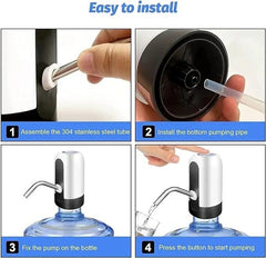 Huitich USB rechargeable water dispenser assembly steps showing stainless steel tube installation and pumping water from bottle