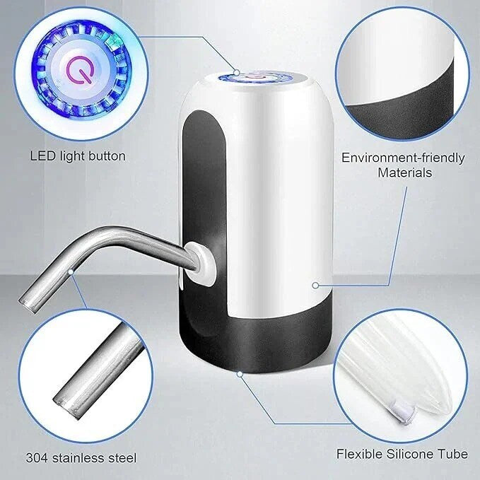 Huitich USB rechargeable water dispenser with LED light button, stainless steel spout, and flexible silicone tube