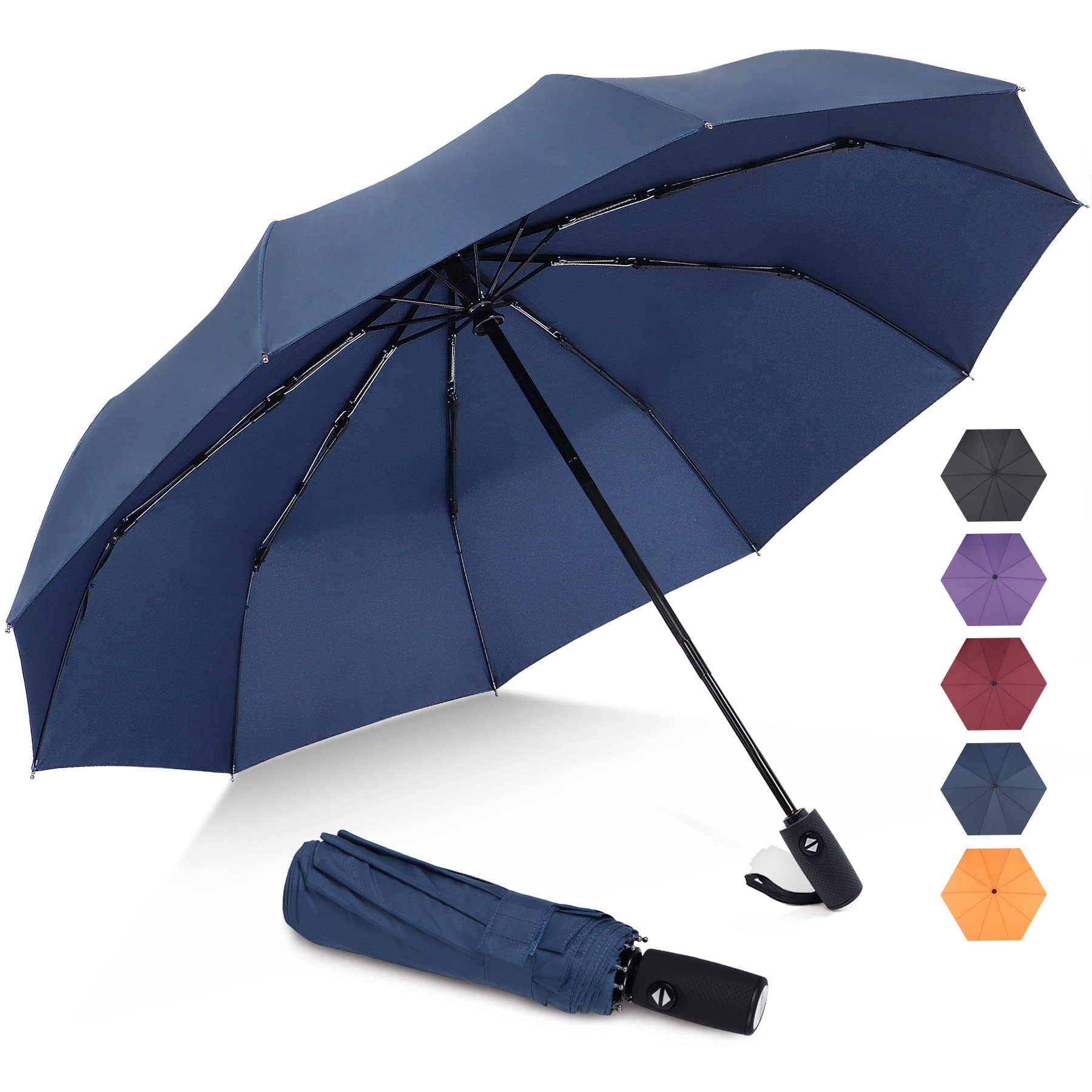 UV protection travel umbrella in navy blue with automatic open and compact fold for easy carrying