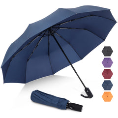 UV protection travel umbrella in navy blue with automatic open and compact fold for easy carrying