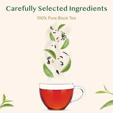 Daily Assam black tea leaves and mug with brewed red tea on package graphic