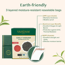 VAHDAM Daily Assam black tea package showing 3-layer resealable bag diagram