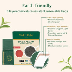 VAHDAM Daily Assam tea box and resealable pouch highlighting Assam black tea leaves and 3 layer packaging benefits