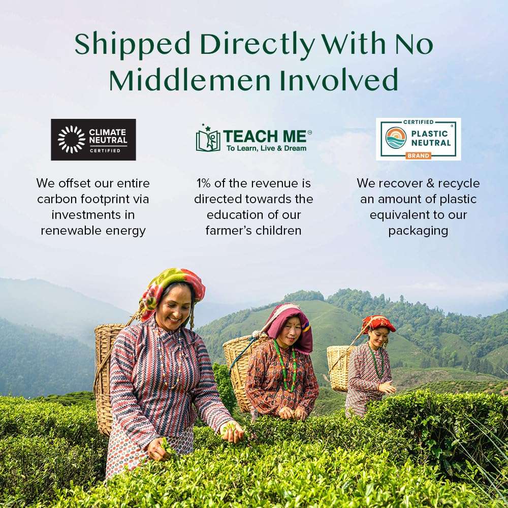 VAHDAM Assam black tea leaves image showing three women picking tea in lush Assam plantation with sustainability icons