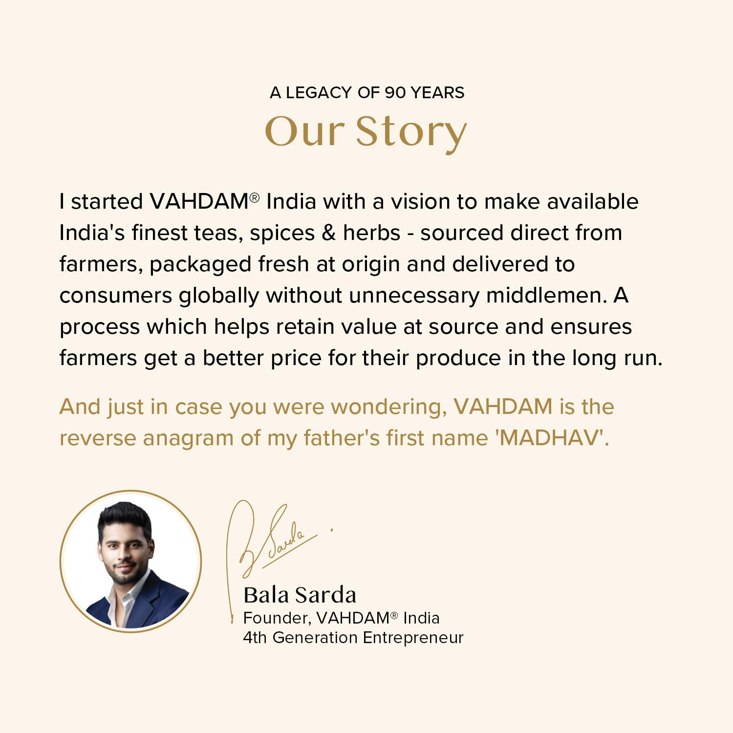 VAHDAM our story page with founder Bala Sarda portrait and text about Assam black tea leaves and sourcing