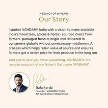 VAHDAM tea story panel with founder portrait and brand history text