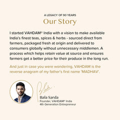 VAHDAM our story page with founder Bala Sarda portrait and text about Assam black tea leaves and sourcing