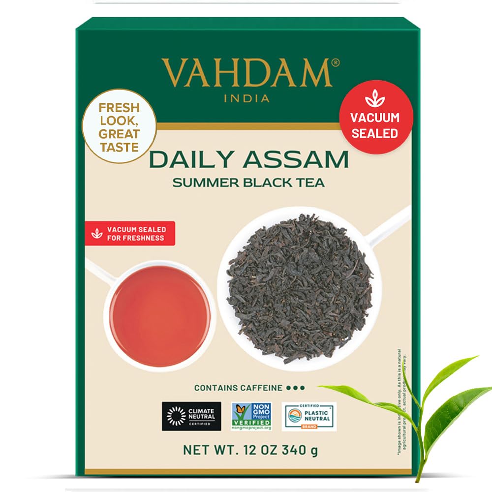 VAHDAM Daily Assam summer black tea box showing loose Assam black tea leaves in spoon and brewed cup