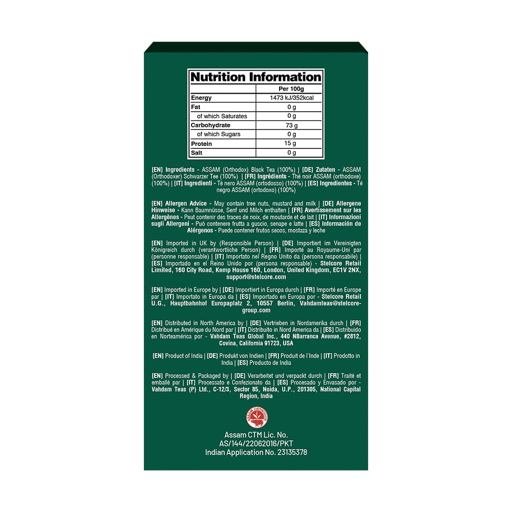 VAHDAM tea box back label showing nutrition facts and ingredient list for Assam black tea leaves