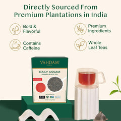 VAHDAM Daily Assam tea box with loose leaves and a brewed cup highlighting Assam black tea leaves and bold flavor
