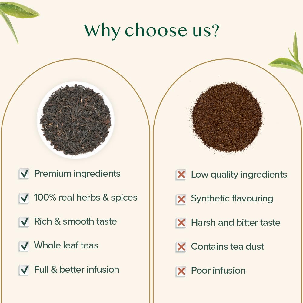 VAHDAM Assam black tea leaves whole leaf in bowl vs tea dust comparison showing premium quality and better infusion