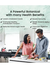Two people at a kitchen table, health-benefit infographic text above